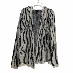 Lauren Michelle Black and White Patterned Fuzzy Cardigan with Hood - L